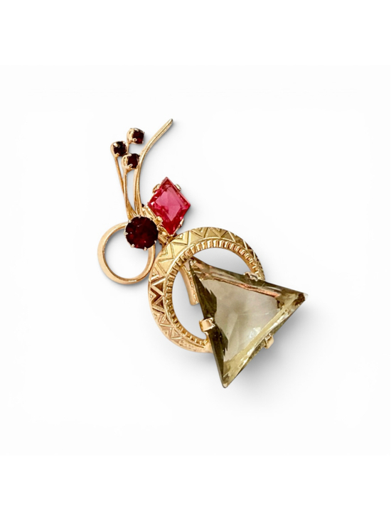 Vintage Jewelry - Vintage Austrian Brooch 1940s, Large Smoky Gray Glass Rhinestone Pin, Pink Ruby